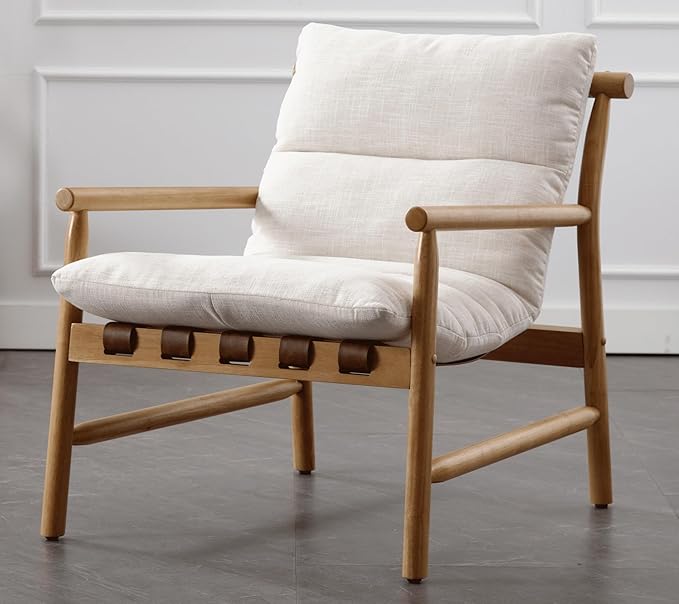 Linen Accent Chair Mid Century Modern Living Room Chairs Comfy Arm Chair with Solid Wood Frame Upholstered Lounge Reading Chair Cozy Recliner for Bedroom/Guest Room Beige