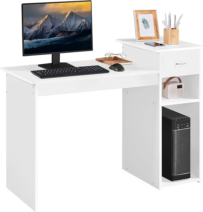 Yaheetech Home Office Computer Desk with Storage Drawer &amp Monitor Shelf Writing PC Laptop Table Desk Study Workstation Furniture for Small Spaces White