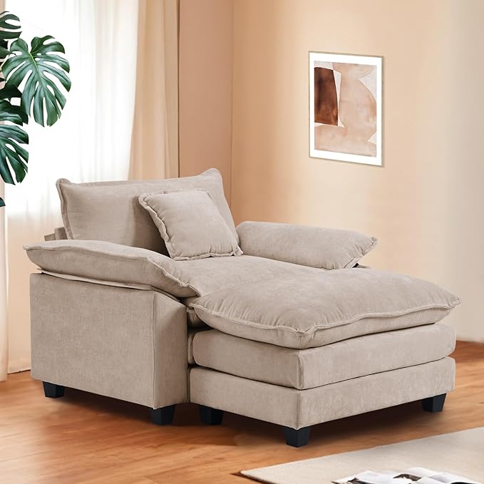 Furniliving 46‘’ Oversized Chair with Ottoman Luxury Chenille Single Sofa Upholstered Deep Seat Chaise Lounge with Pillows for Living Room Bedroom Apartment Camel