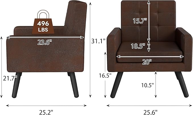 Accent Chair for Living Room Faux Leather Mid-Century Modern Armchair with Comfy Back Cozy Single Sofa Reading Chair 496 Lb. Weight Capacity for Bedroom Apartment Small Space Bronze