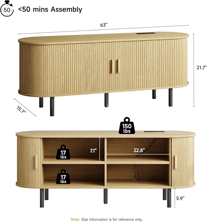 ONBRILL 63 TV Stand with Power Outlet for TVs up to 70 Inch Entertainment Center with Storage and Adjustable Shelves Modern Media Console with Sliding Doors for Living Room Oak