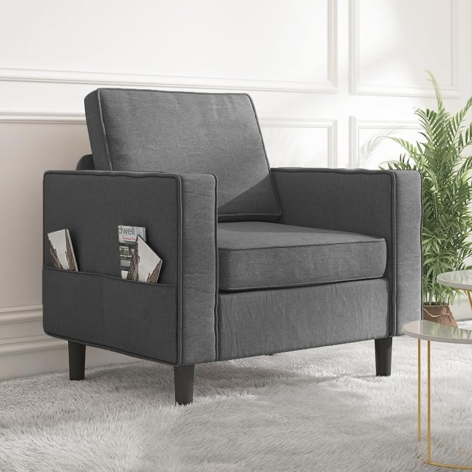 Mjkone Armchair Accent Chair with Storage Pockets Modern Single Sofa Chair for Living Room/Apartment/Small Spaces/Bedroom - Dark Grey