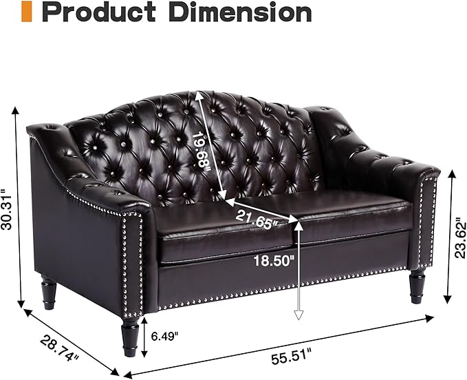 AVZEAR Chesterfield Loveseat Sofa Mid-Century Modern Upholstered PU Sofa 2 Seater Couch with Nailhead Trim and Button Tufted for Living Room Office Bedroom Brown