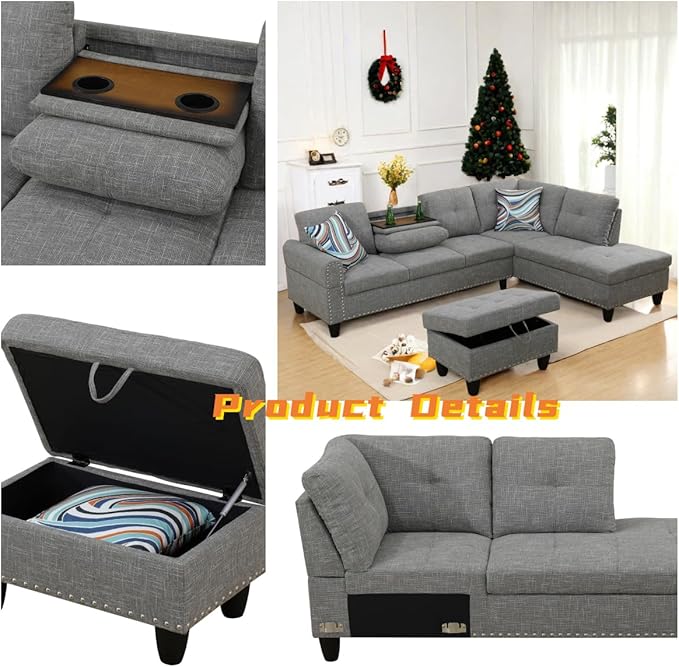 FONTOI L Shaped Sectional Couch with Otttoman 97 Sectional Sofa for Living Room Flannel Modular Couches with Cup Holders for Bedroom Apartments Grey