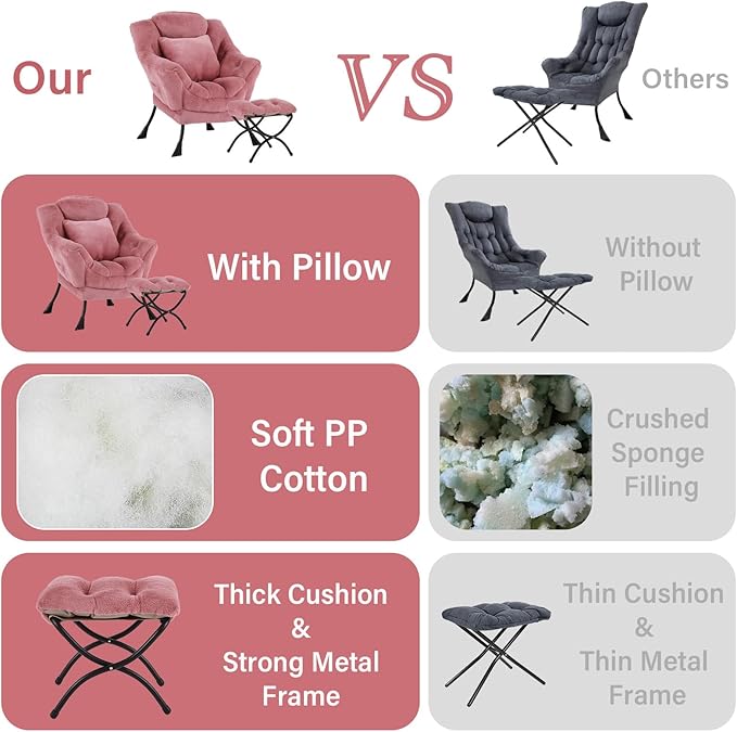 Lazy Chair with Ottoman Comfy Reading Lounge Chair with Footstool &amp Throw Pillow Modern with Armrests &amp Side Pocket for Living Room Bedroom Dorm Room Plush Dark Pink