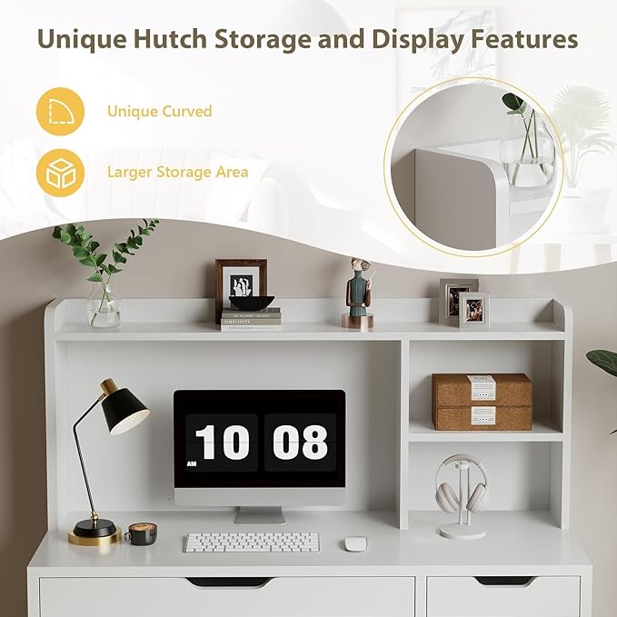 White Desk with Hutch 53 Inch Computer Desk with Storage File Drawer White Study Desk with 4 Drawers for Bedroom Small Space