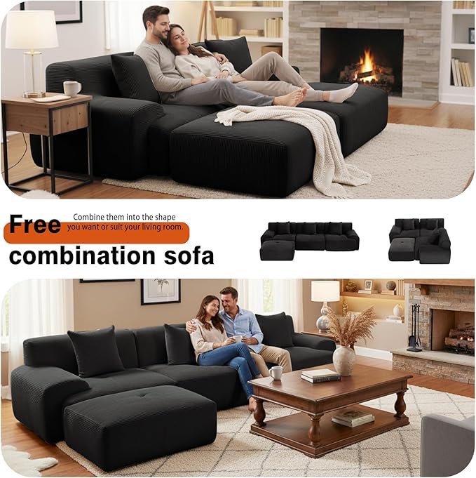 120 Modular Boneless Couch Cloud Couch Sectional Couches for Living Room with Ottoman Modern L-Shaped Modular Sectional Sofa with Deep Seat Corduroy 3-Seater Sleeper Sofas for Living Room (Black)