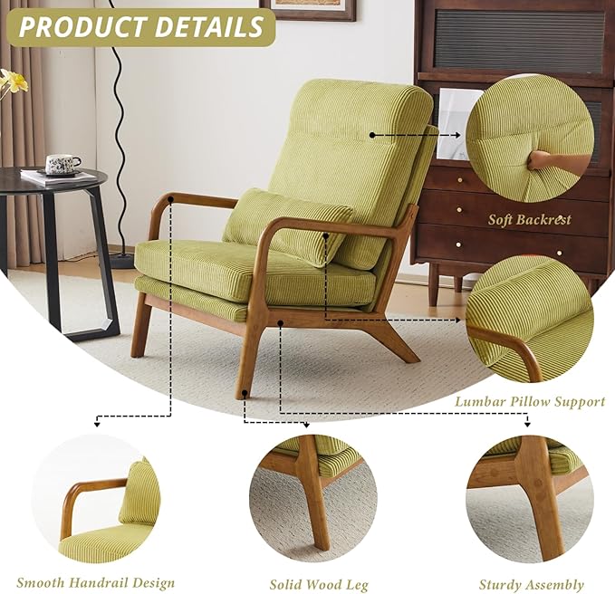Karl home Mid-Century Modern Accent Chair Living Room Chairs with Pillow High Back Corduroy Upholstered Lounge Armchair with Solid Wood Frame &amp Soft Cushion for Bedroom Reading Room Green