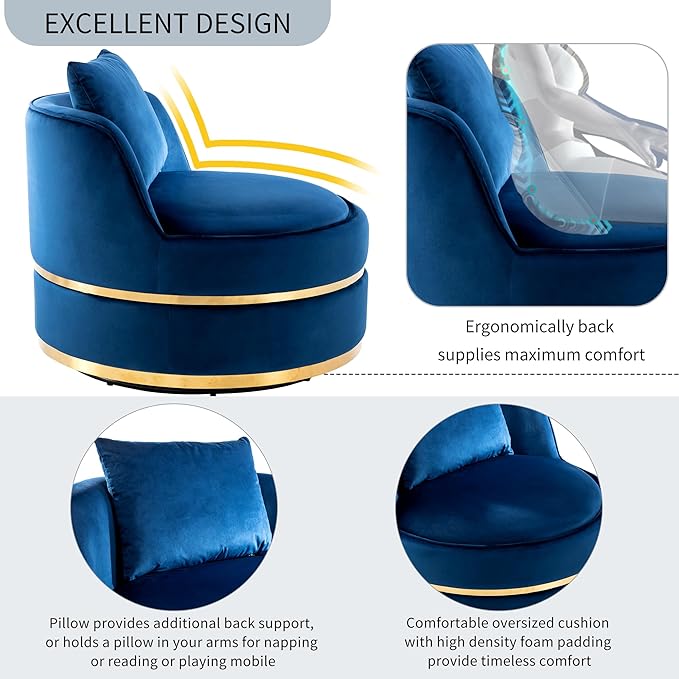 Harper &amp Bright Designs 360 Degree Swivel Accent Chair Velvet Modern Upholstered Barrel Chair Sofa Couch Soft Chair with Seat Cushion for Living Room/Bedroom/Office/Apartment Blue