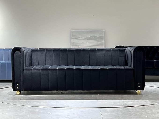 Emerald Green Velvet Couch 80 Inch Wide Mid-Century Modern Sofa Velvet Tufted Upholstered Velvet Sofa Love Seats Sofa with Golden Leg 3 Seat Sofa Big Comfy Couch Sofas for Livingroom (BlackA)