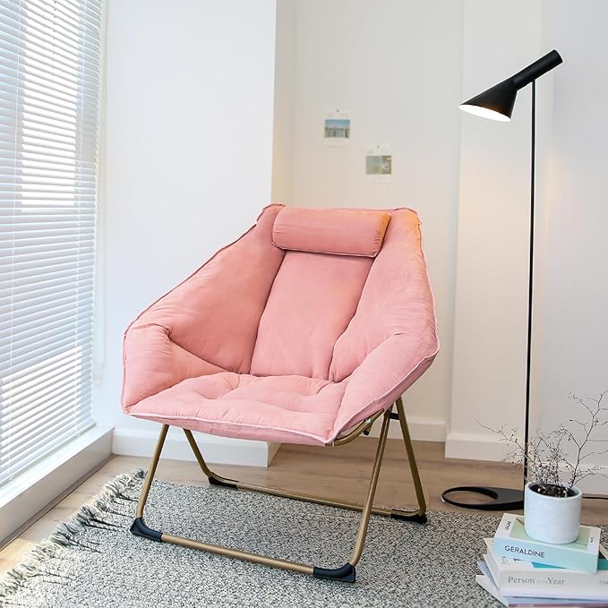 Hexagon Foldable Living Room Chair Saucer Chair for Adults Comfy Bedroom Lounge Chair Moon Chair Lazy Folding Chair for Dorm Rooms(Chair-Pink)