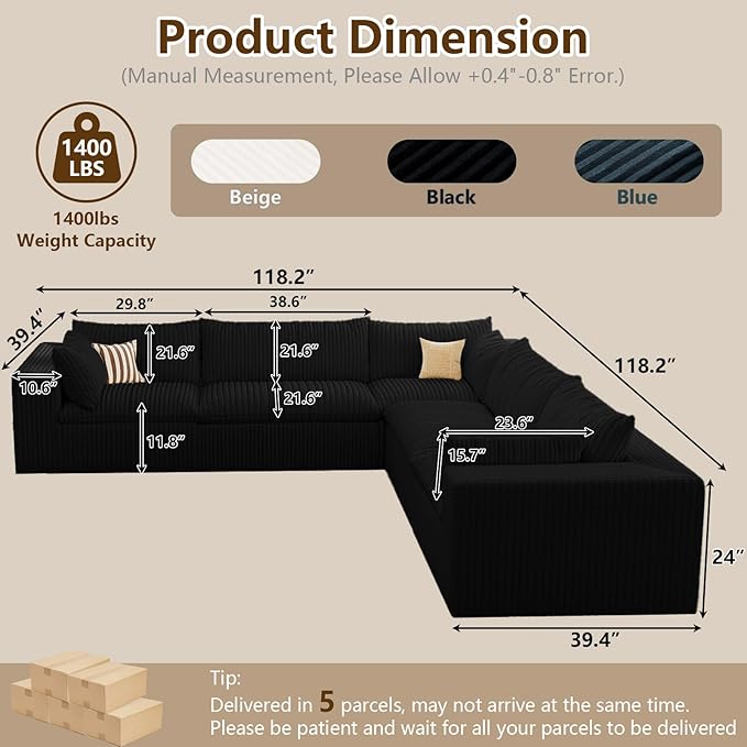 Modular Sectional Sofa Corduroy Plush L Shape Cloud Couch Modern Deep Seat Boneless Couches for Living Room Large Compression Sofas Luxury Fluffy Couchs Sectionals Black
