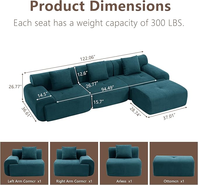 L-Shaped Boneless Modular Sectional Sofa Boneless Sectional Couch Oversized 3-Seater Cloud Couch with Deep Seat and Movable Ottoman for Living Room Apartment (Black 3 Seater with 1 Ottoman)