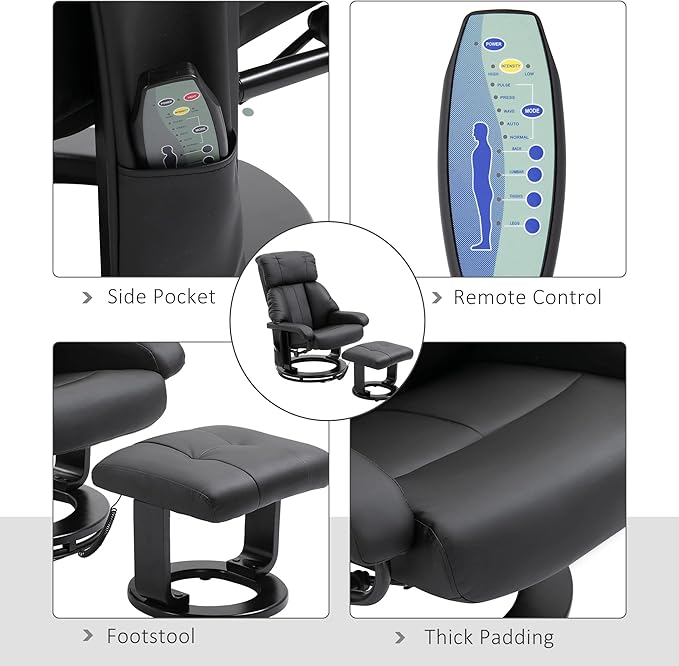 Recliner with Footrest Recliner Chair with Vibration Massage Faux Leather and Swivel Wood Base for Living Room and Bedroom Black