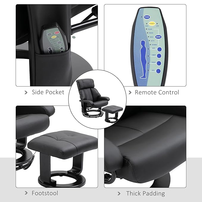 HOMCOM Massage Recliner Chair with Ottoman 360° Swivel Recliner and Footstool 10 Point Vibration PU Leather Reclining Chair with Side Pocket and Remote Control Black