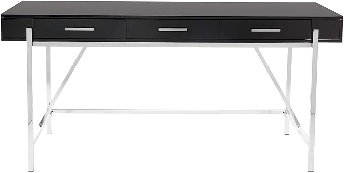 OSP Home Furnishings Broadway Modern Executive Desk with 3 Drawers and Charging Station Black Gloss Finish with Chrome Frame