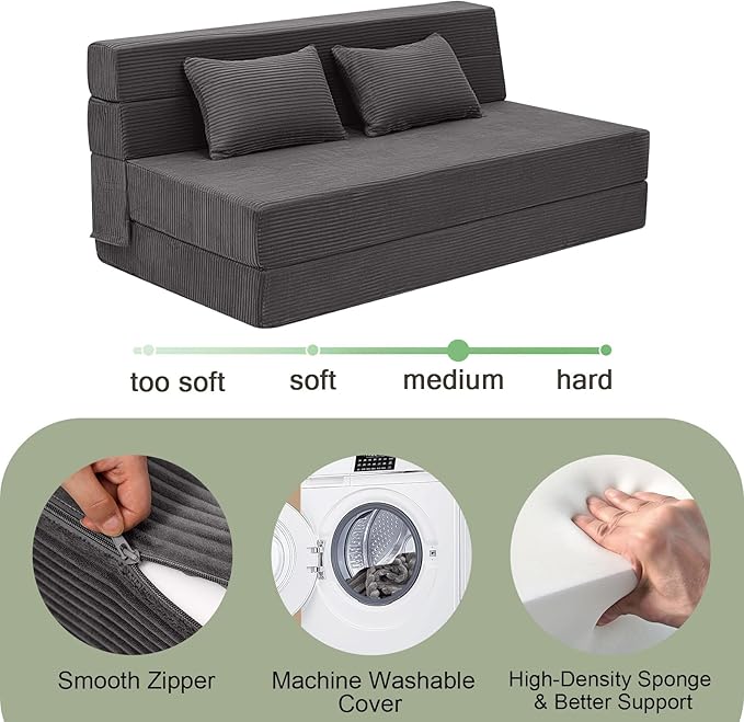 MeMoreCool Boneless Folding Sofa Bed Queen Corduroy Convertible Sleeper Chair Foldable Foam Mattress Chair Comfy Fold‑Out Futon Couch Bed Large Floor Sofa Couch for Living‑Room Guest
