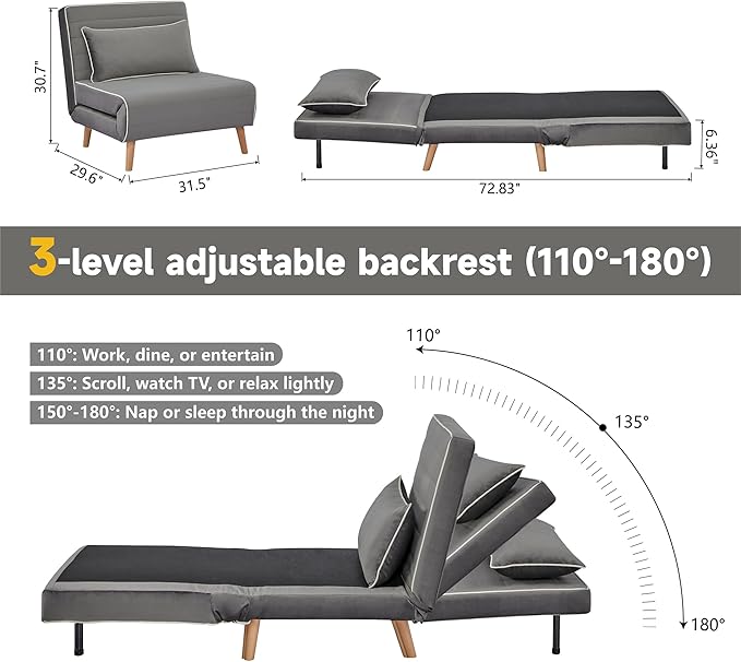 32 Convertible Sleeper Chair 3-in-1 Folding Sleeper Chair with Pillow 3-Position Adjustable Backrest for Living Room Bedroom Office Gray