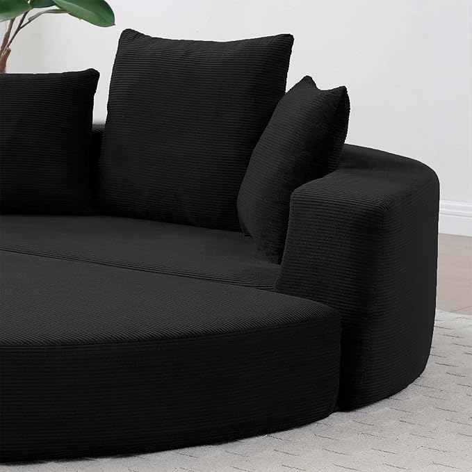 67-inch Convertible Futon Sofa Bed Round Folding Comfy Corduroy Upholstered Couch Bed with 3 Pillows Boneless Floor Lazy Loveseat Sofa for Living Room Apartment Small Spaces Pinstripe Black
