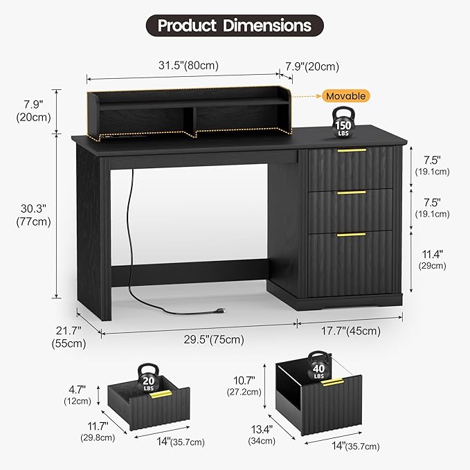Computer Desk with Monitor Stand 47 inch Home Office Desk with RGB LED Lights and Power Outlets Writing Desk with Storage File Drawer for Working Gaming Writing Black
