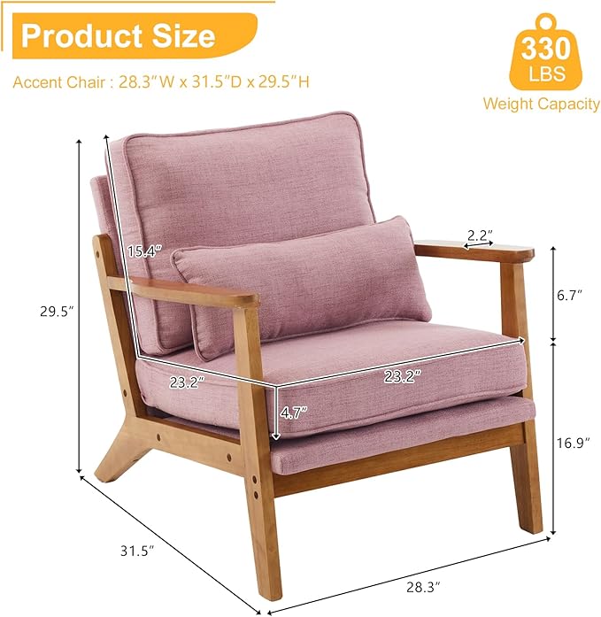 Karl home Accent Chair Wide Armrest Mid-Century Lounge Chair Linen Fabric Armchair with Lumbar Pillow &amp Solid Wood Frame for Living Room Bedroom Balcony Pink