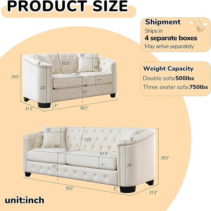 2 Piece Modern Chesterfield Velvet 77 3-Seater + 59 Loveseat Sofa Set Upholstered Tufted Backrests with 8 Nailhead Arms and 4 Cushions for Living Room (Beige 77 3-Seater + 59 Loveseat Sofa Set)