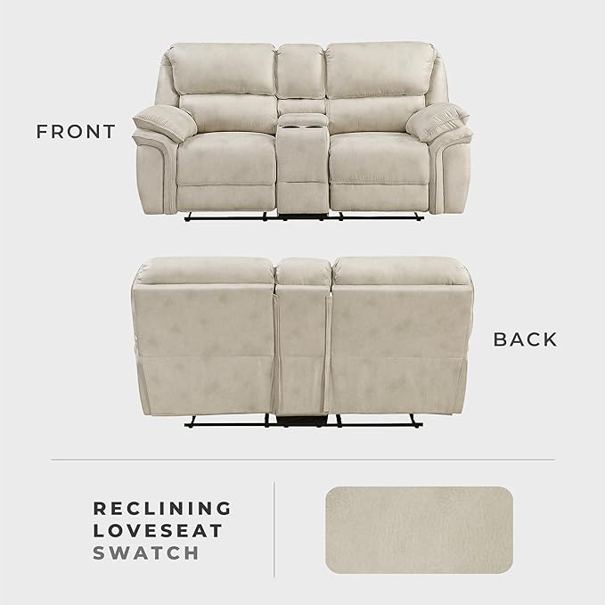Lexicon Manual Double Reclining Loveseat with Center Console Polished Microfiber Wall Hugger Loveseat Recliner for Living Room Cup Holders Foam Over Pocket Coils Seats Pillow Top Arms Sand