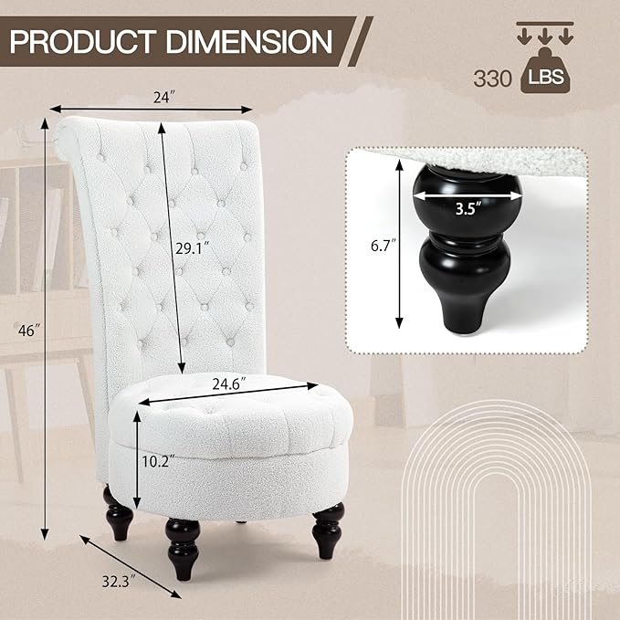 AVAWING Teddy Fleece Throne Royal Chair Set of 1 for Living Room Button-Tufted Armless High Back Chair with 24.6 Inch Large Seat Thick Padding and Rubberwood Legs White