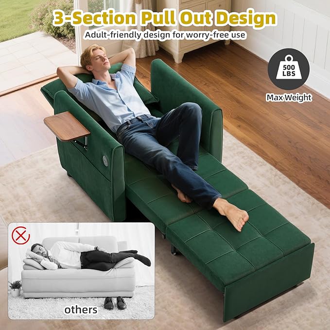Convertible Sleeper Chair 4 in 1 Pull Out Chair Bed for Adults with Wing Table USB Charging &amp Bottom Storage Space-Saving 90 Single Sofa Bed Chairs for Living Room Dark Gray