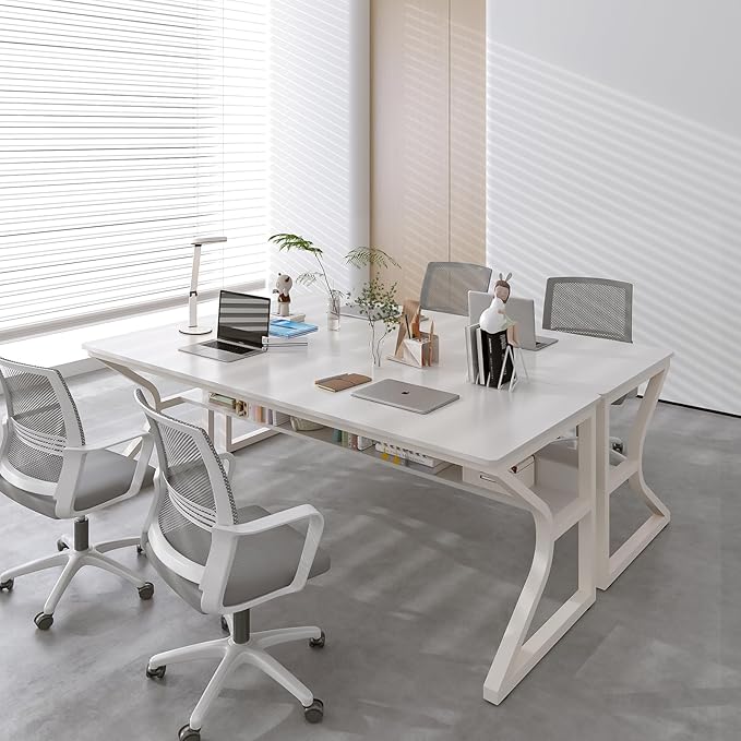 Extra Long Desk with Bookshelf - 71 Double Long Writing Table for 2-Person Workstation Modern Study Work Computer Desk for Home and Office Warm White