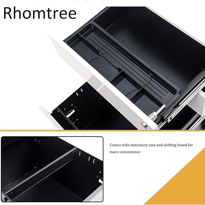 Rhomtree 3 Drawer File Cabinet Rolling Metal Filing Cabinet with Lock Mobile Pedestal Storage Fully Assembled Without Casters (White)