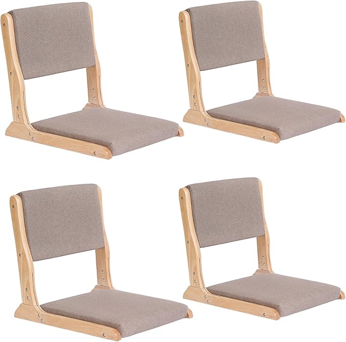 Tiita Floor Chair with Back Support Foldable Meditation Tatami Chairs Backrest Chair with Cushion Living Room Chair Seat 4 Pack Wood Grey