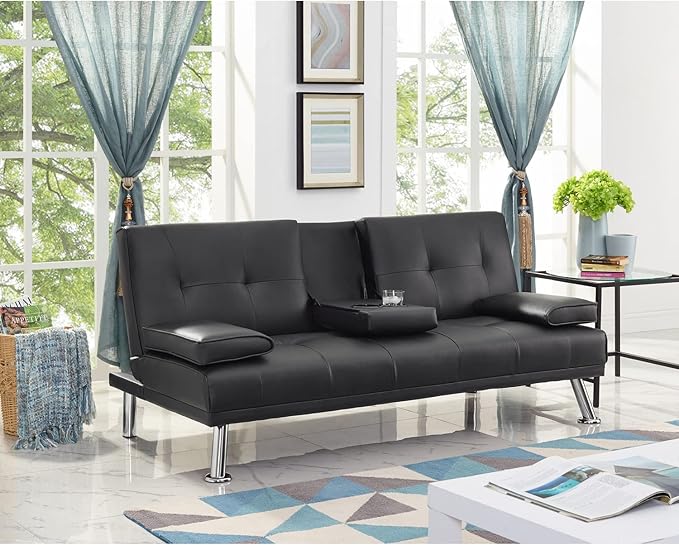 Naomi Home Black Futon Sofa Bed Faux Leather Futon Couch with Armrest and 2 Cupholders Pull Out Sofa Bed Couch with Metal Legs Reclining Small Bed Black Couches for Living Room