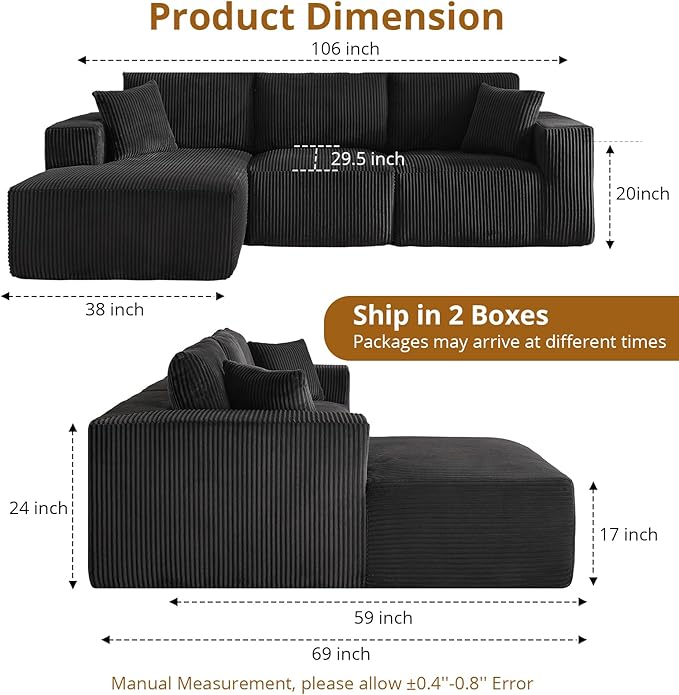 Sectional Cloud Boneless Couch 108 Modern Comfy L-Shape No Assembly Required Convertible Compression Sleeper Modular Sofa with Corduroy Fabric Deep Seat Loveseat + Chaise for Living Room