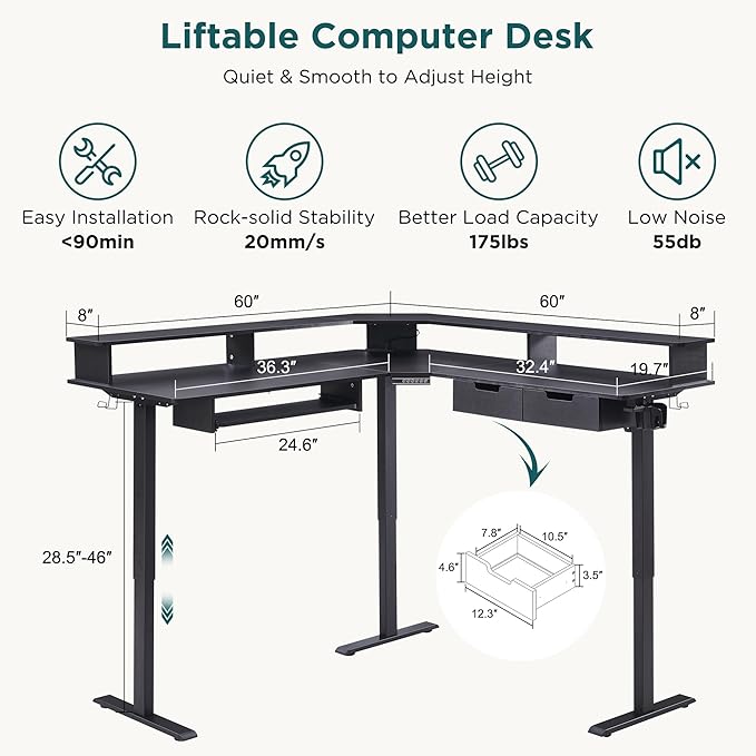 RedLemon L-Shaped Electric Standing Desk 60 inches Motor Height Adjustable Sit Stand Corner Desk with Led Large Home Office Desk Computer Workstation Carbon Fiber Black