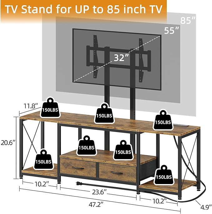 GYIIYUO LED TV Stand with Mount and Power Outlet &amp Fabric Drawers for 32-85 Inches TV - Entertainment Center and Corner Tv Stand for Living Room Bedroom- 47 Rustic Brown (Max VESA 600mm × 400mm