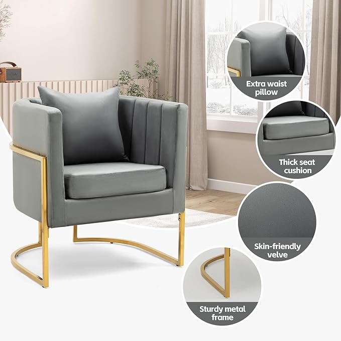 Velvet Modern Living Room Accent Chairs Set of 2 Upholstered Mid-Century Barrel Chairs for Bedroom Side Club Reception Chairs with Gold Metal Legs Gray