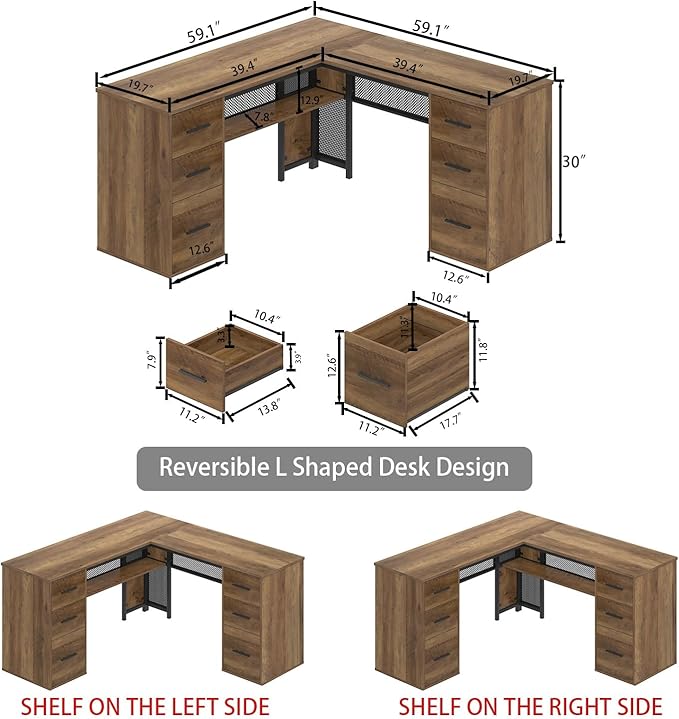 HSH Large L Shaped Home Office Desk with Drawers Rustic L-shaped Computer Desk with Storage File Cabinet Shelves Corner Reversible Metal Wood Executive Work Study Writing Table 59 Inch Bedroom Desk