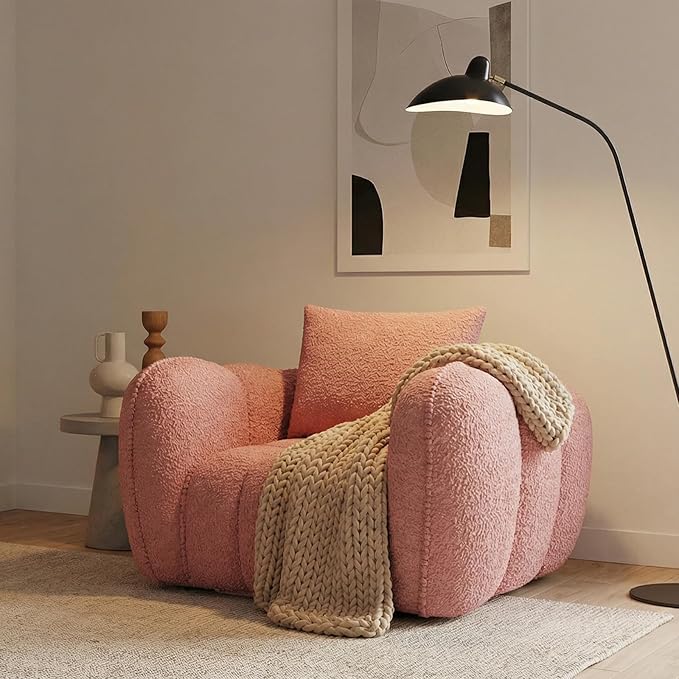 Furnimart Pumpkin Single Sofa Oversized Could Comfy Accent Chair Foam Boneless Chair Wide Seat Modern Small Couch for Living Room Bedroom Assemble Free(Pink)