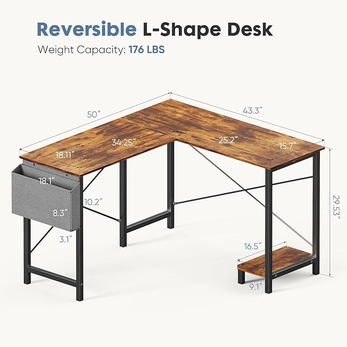 infiniPower L Shaped Desk Gaming Computer 50 Inch Reversible Corner Table PC Work Table for Writing Study Student with Wood Tabletop Metal Frame CPU Stand Side Bag for Home Office Small Place