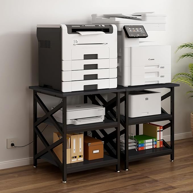 Large Printer Stand with Power Outlet with Height Adjustable Storage Shelf 3 Tier Rolling Printer Cart with Industrial Wheels 23.6 x 23.6 Inches Printer Table for Home OfficeBlack