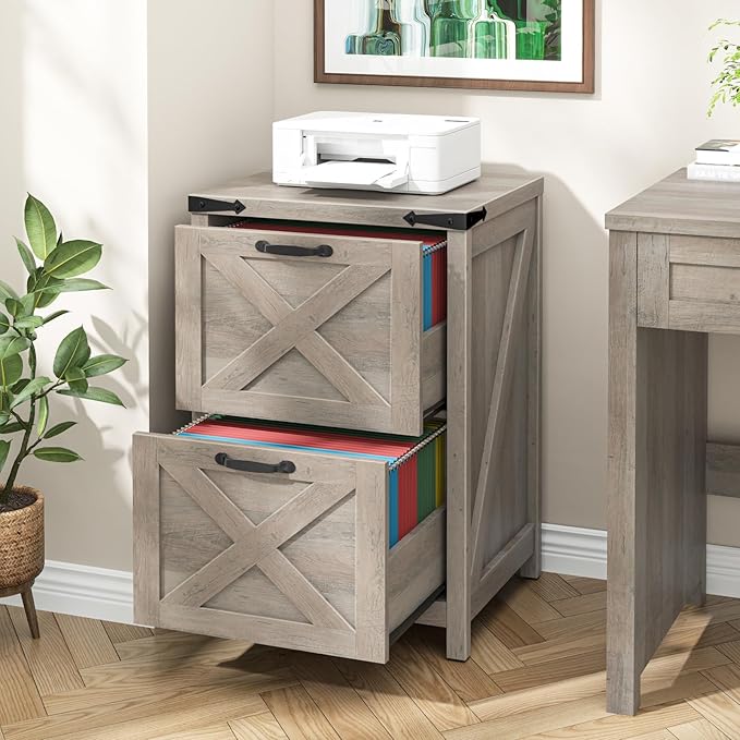 2 Drawer Small File Cabinet Farmhouse Vertical Filing Cabinet Fits Letter and A4 Size Under Desk Wooden File Cabinets for Home Office Printer Stand Grey
