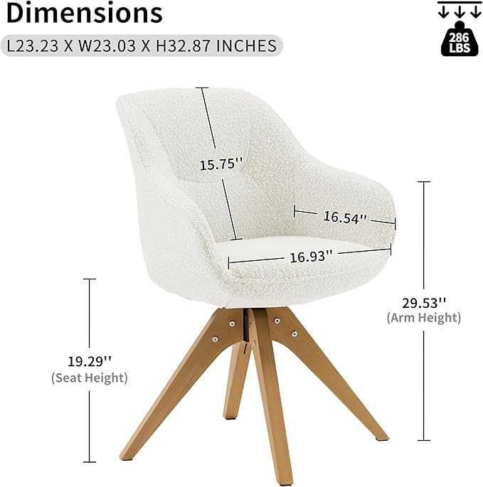 Art Leon Dining Chair - Mid Century Modern Boucle Fabric Swivel Dining Room Chair with Natural Oak Wood Legs Leisure Side Chair with Arms for Living Room White