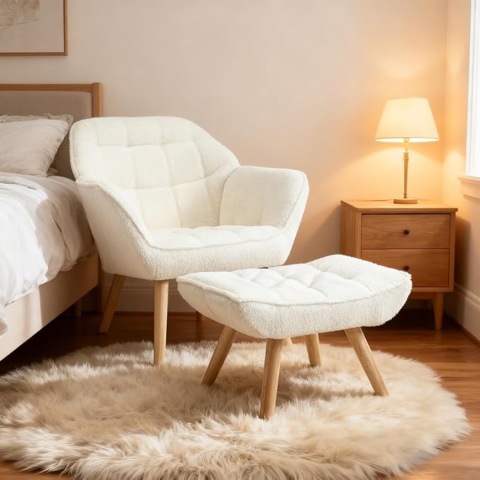 Small Accent Chair with Ottoman Sherpa Upholstered Lounge Chair with Footrest Comfy Reading Armchair with Wood Legs for Living Room Bedroom White