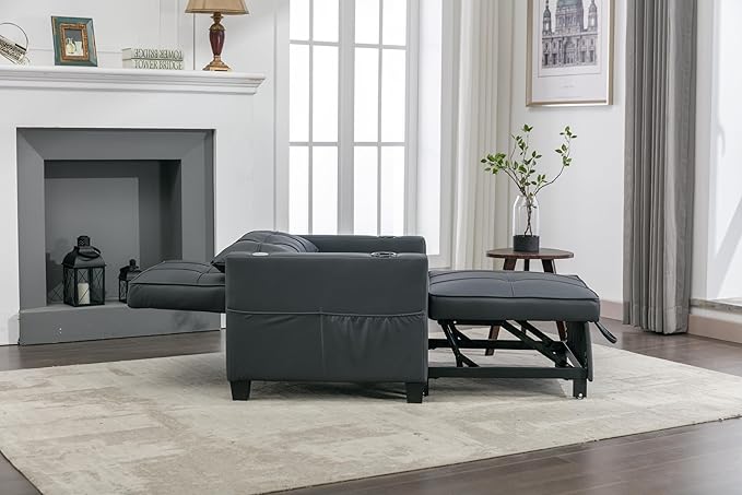 Futon Chair Bed Convertible Sleeper Chair3-in-1 Lazy Chair with USB PortsPull Out Chair Sleeper for Living Room Office Apartment (Leather Black)
