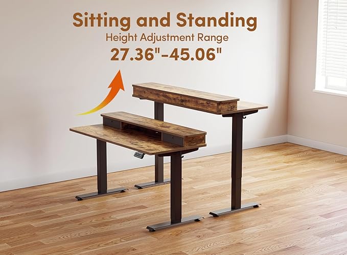 BANTI 55x24 Inch Electric Standing Desk with Double Drawers Adjustable Height Stand Up Desk Sit Stand Home Office Desk with Storage Shelf Vintage Brown Top