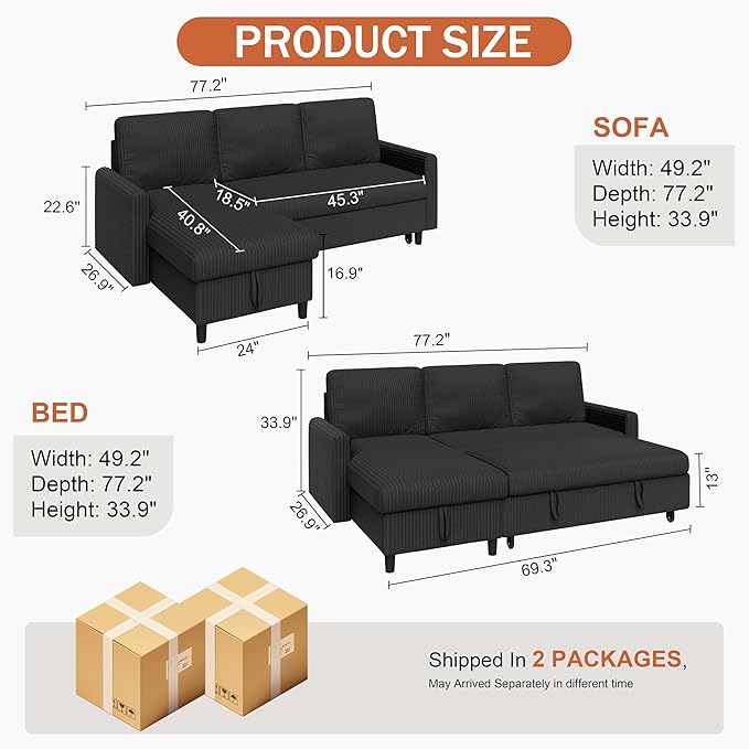 Vongrasig Pull Out Couch 2 in 1 Small Sofa Bed Sleeper Sofa with Storage 77 L Shaped Convertible Sofa with Storage Chaise for Living Room Apartment Black