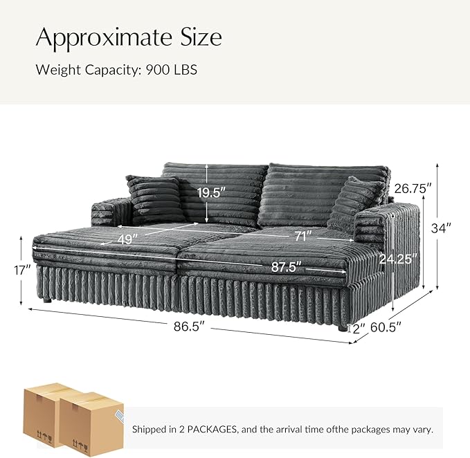 HULALA HOME 88 Double Chaise Lounge Sofa with USB Port and Cup Holder Oversized Cloud Couch with Faux Rabbit Fur Deep Seat Sleeper Sofa Bed for Living Room Bedroom Grey