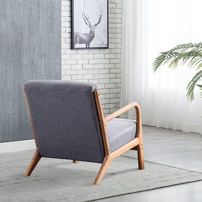 INZOY Mid Century Modern Accent Chair with Wood Frame Upholstered Living Room Chairs with Waist Cushion Reading Armchair for Bedroom Sunroom (Dark Grey)