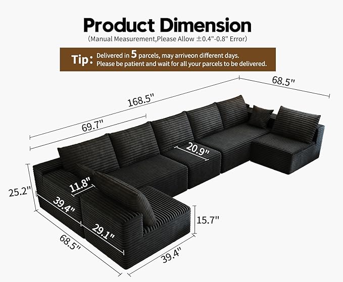 168.5 Modular Sectional Sofa Oversized U-Shaped Minimalist Couches with 3 Middle Seats Chaise Modern Deep Seat Convertible Sleeper Sofa Cloud Plush Corduroy Fabric7 Seater Black